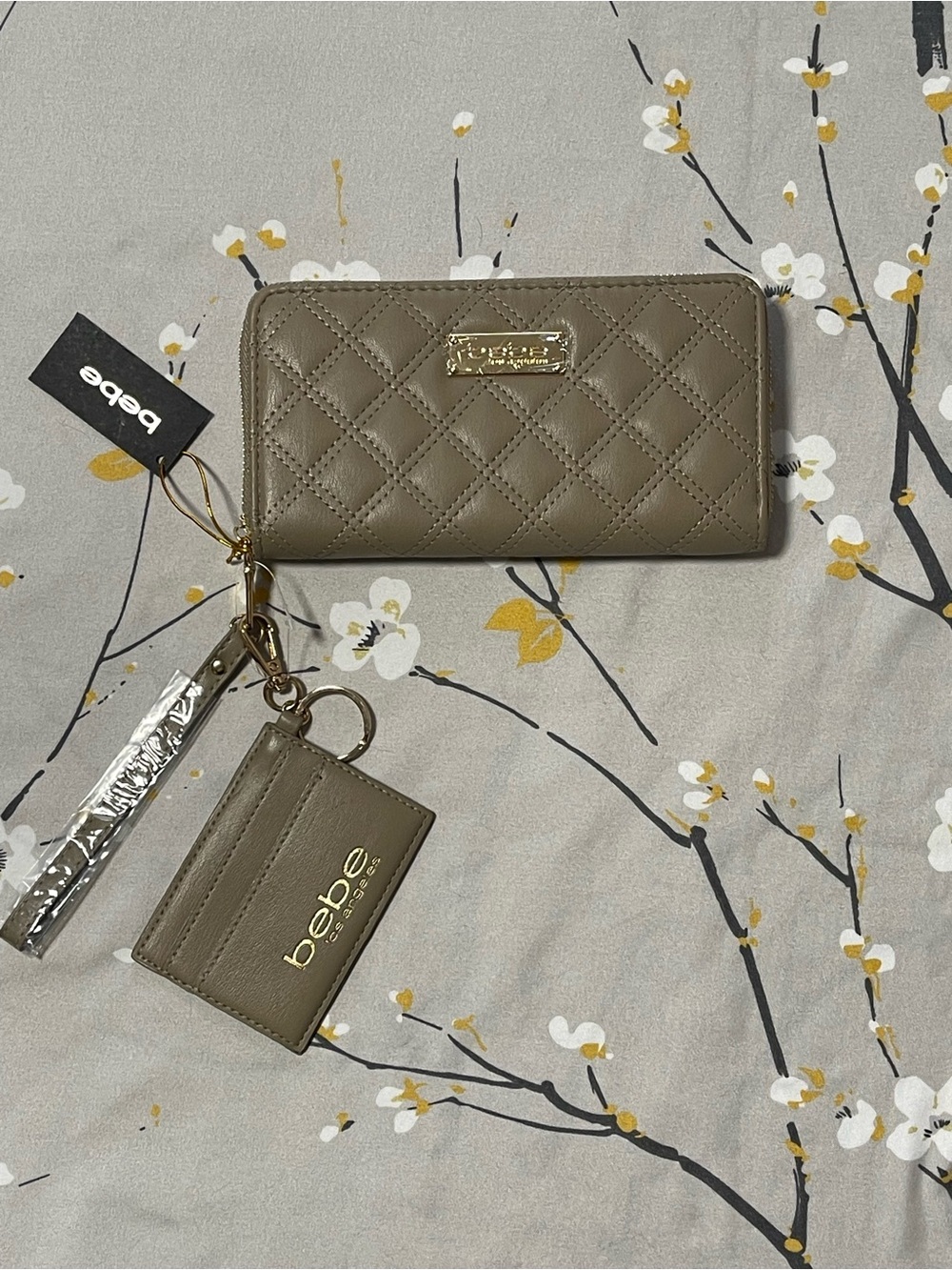 bebe Quilted Zip Wallet and Card Holder Set - Taupe